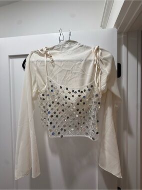 For Love & Lemons Ivory Beaded Sheer Crop Camisole